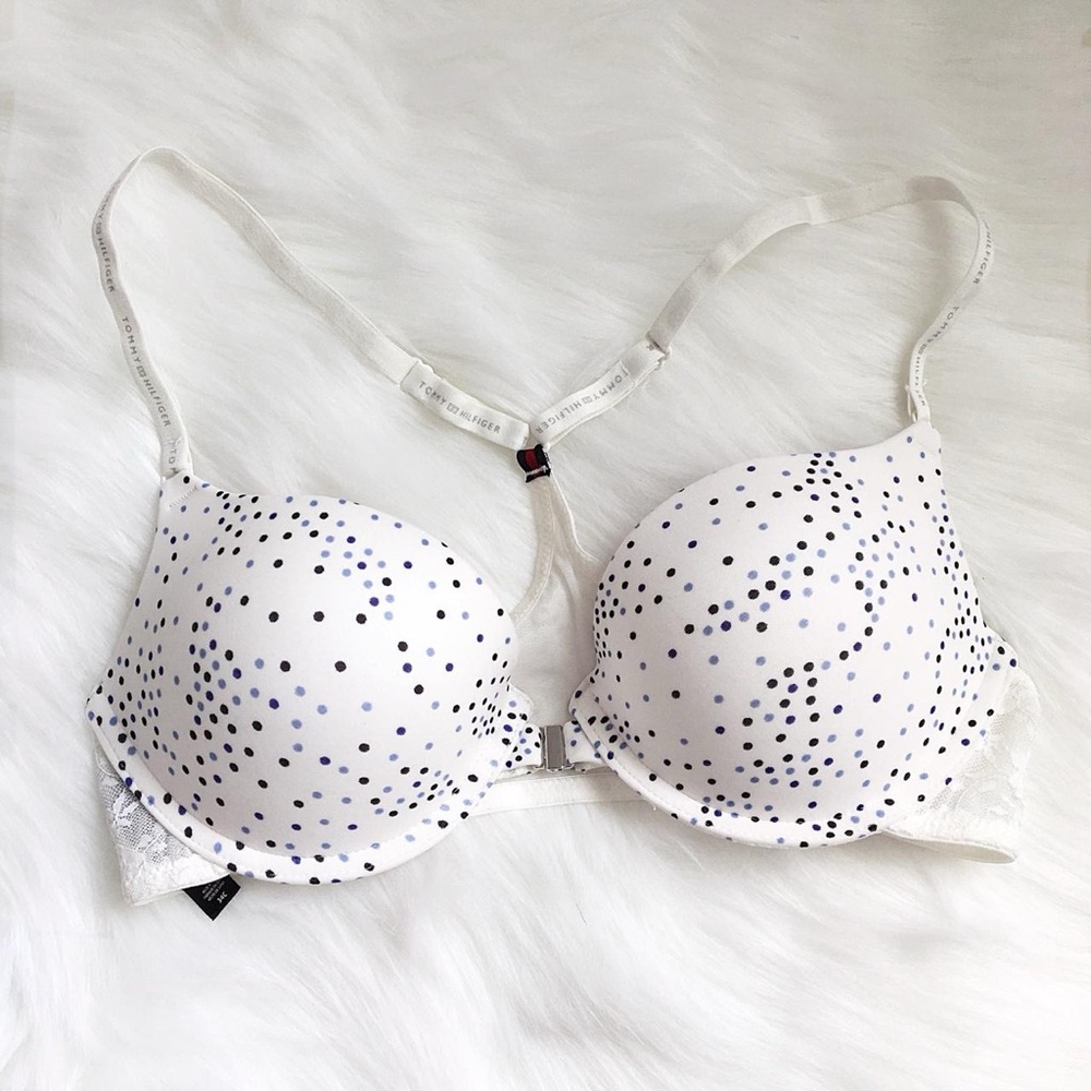Tommy Hilfiger White/Off-White Micro Racerback Push-Up Bra with Blue Polka Dots